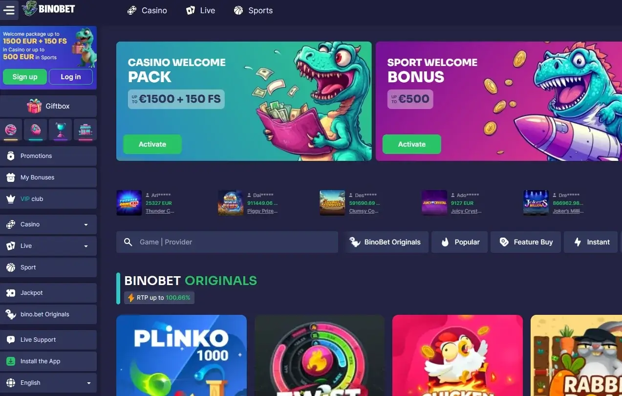 Navigation on the Binobet Casino website