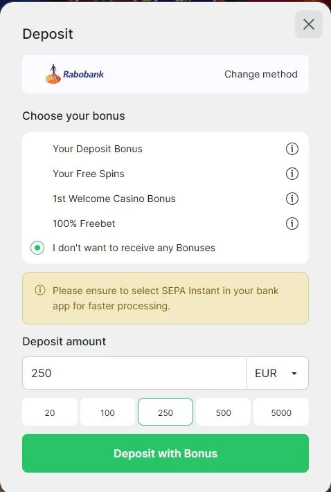 Casino Deposit Registration page